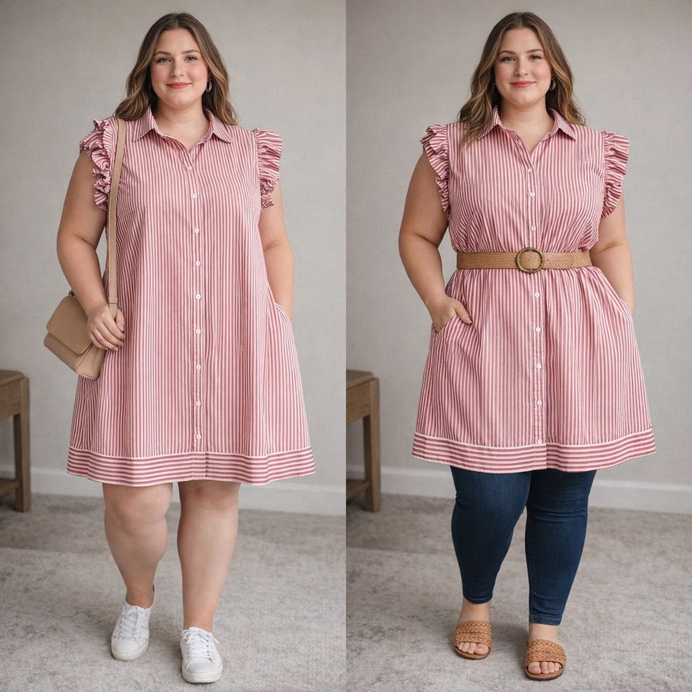 SHEIN Red Striped Midi Dress or Tunic with Ruffle Sleeves